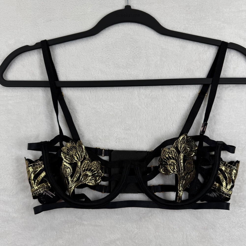 Victorias Secret Black Gold Metallic Floral Embroidered Strappy Balconet Bra 32C